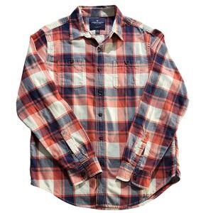 American Eagle Flannel Shirt Classic Fit Button Up Plaid Red Blue Size M